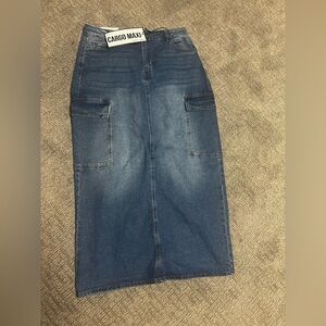 NWT almost famous cargo maxi skirt back split medium wash blue denim